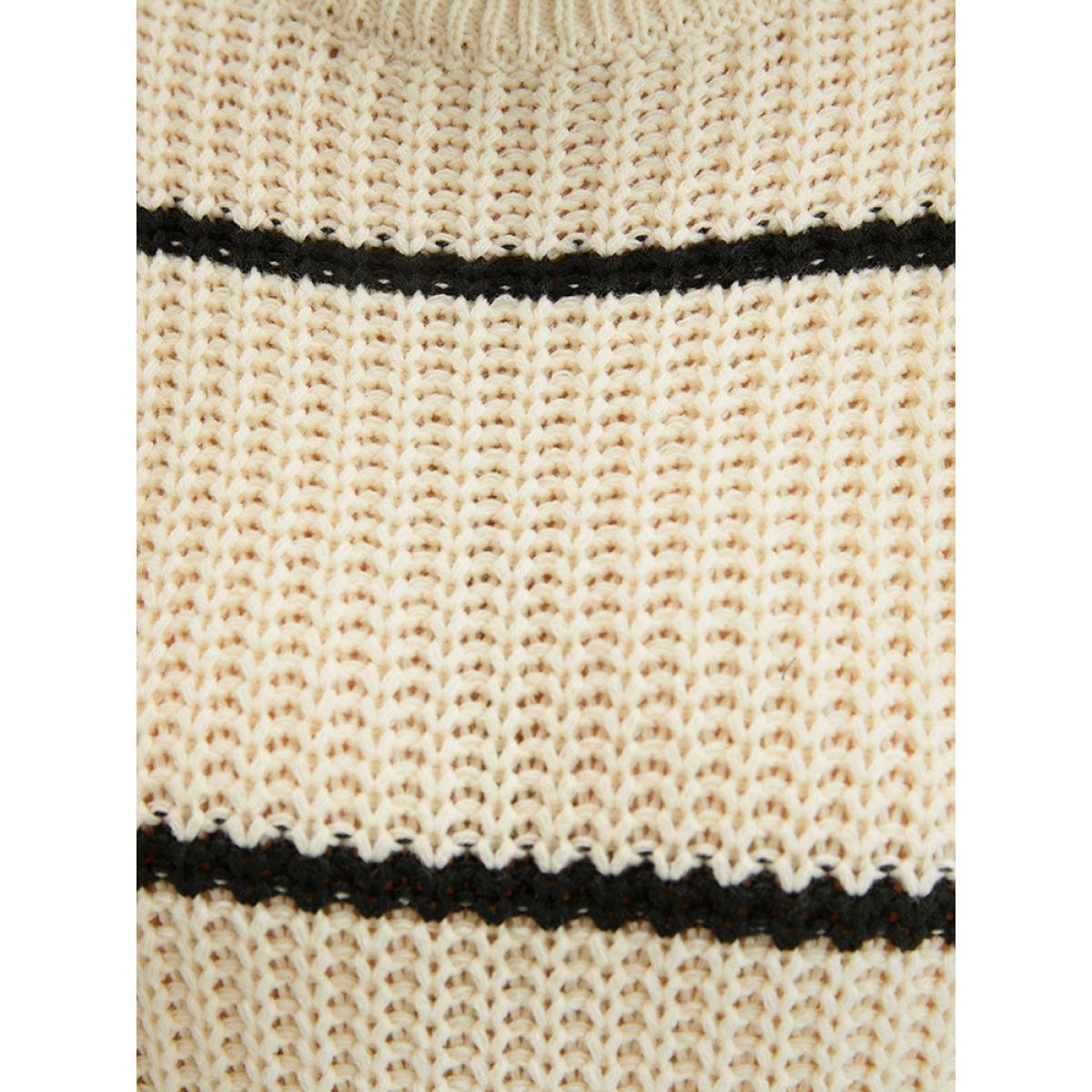 Plus Size Striped Contrast Pointelle Knit Lantern Sleeve Funnel Neck Knit Top Beige Women Elegant Loose Long Sleeve Turtleneck Dailywear Pullovers BloomChic 14-16/1X Product Image