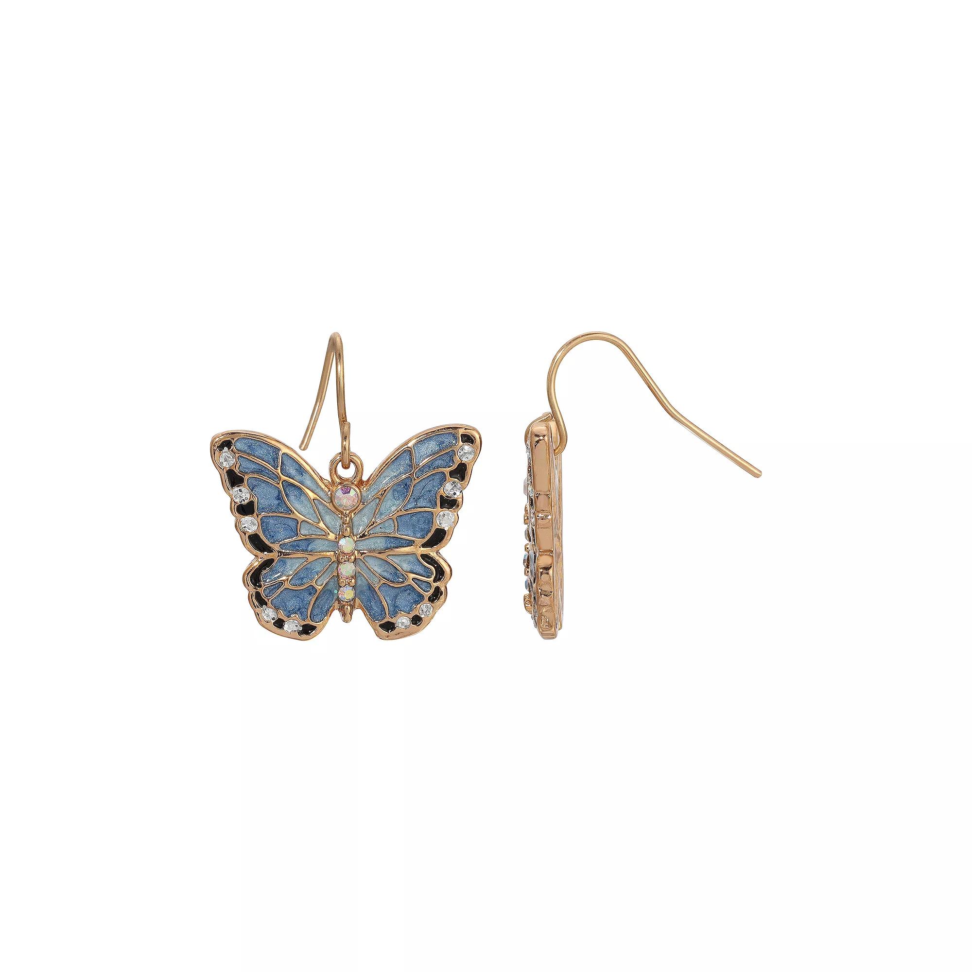 1928 Gold Tone Blue Enamel and Simulated Crystal Butterfly Drop Earrings, Womens Product Image