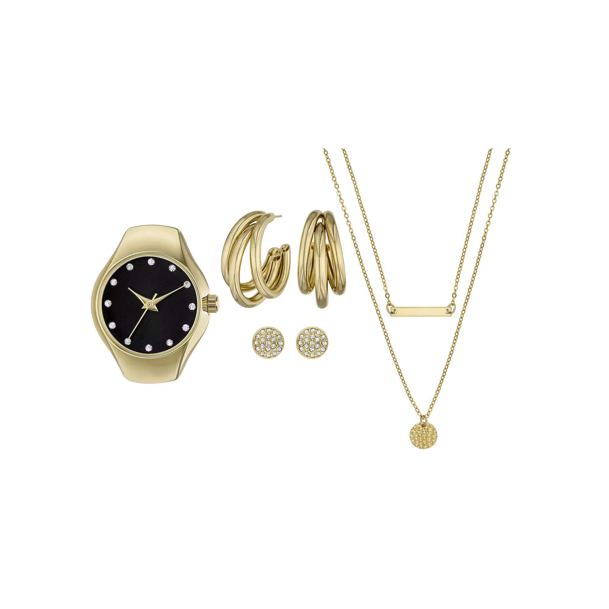 Folio Women's Gold Tone Ring Watch, Earrings & Necklace Set, Yellow Product Image