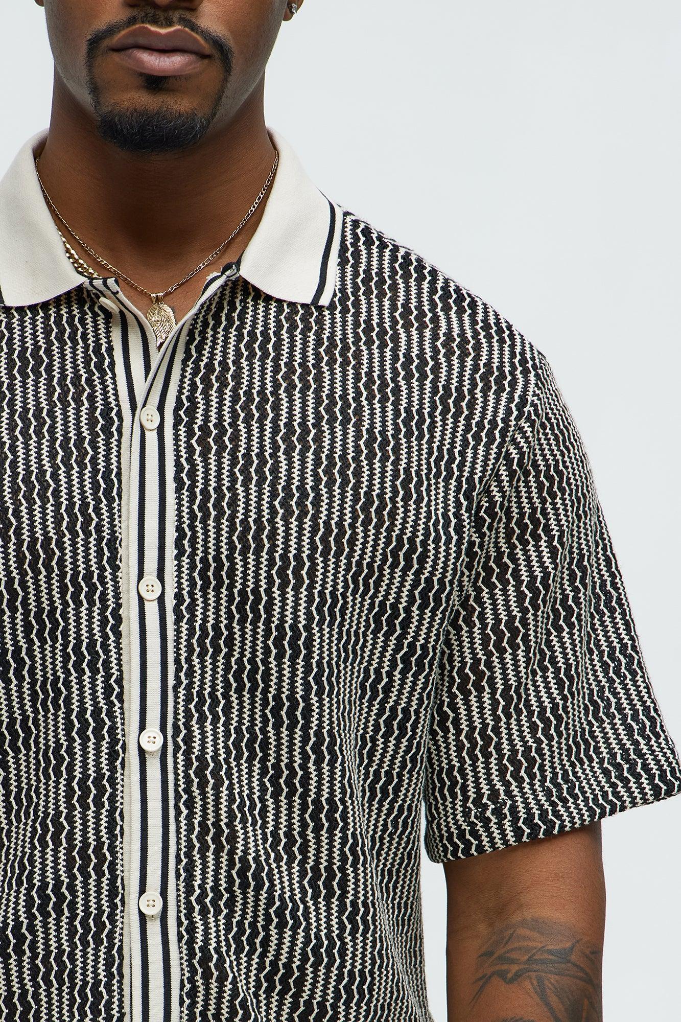 Zigzag Open Knit Crochet Cuban Shirt - Black/combo Product Image