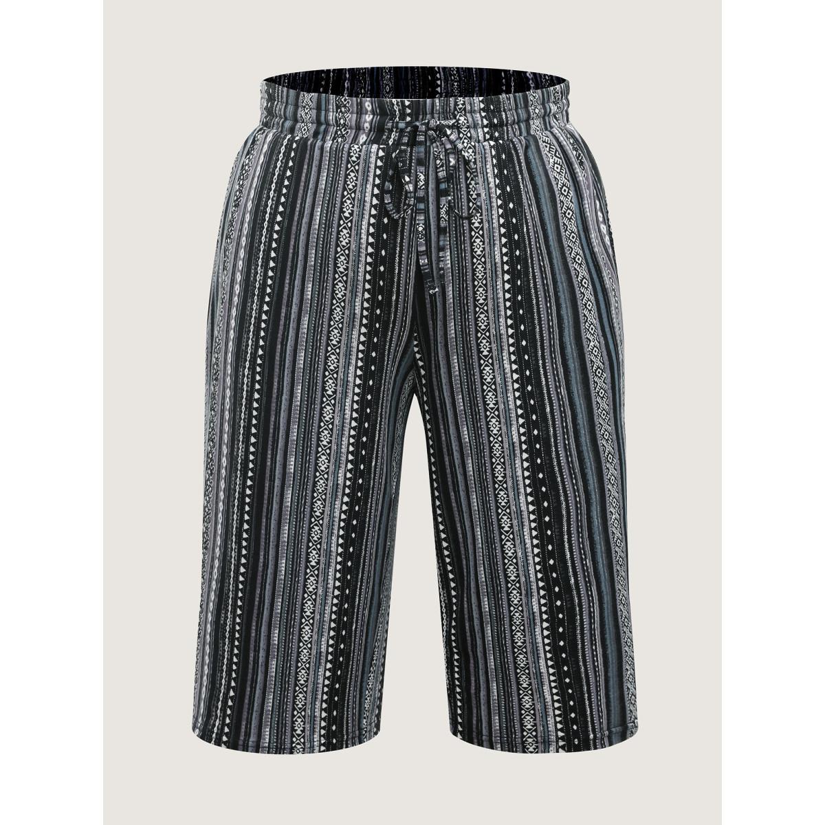 Plus Size Stretchy Boho Stripes Straight-Leg Pants Women Black Leisure Straight Leg Mid Rise Casual Pants BloomChic 18-20/2X Product Image