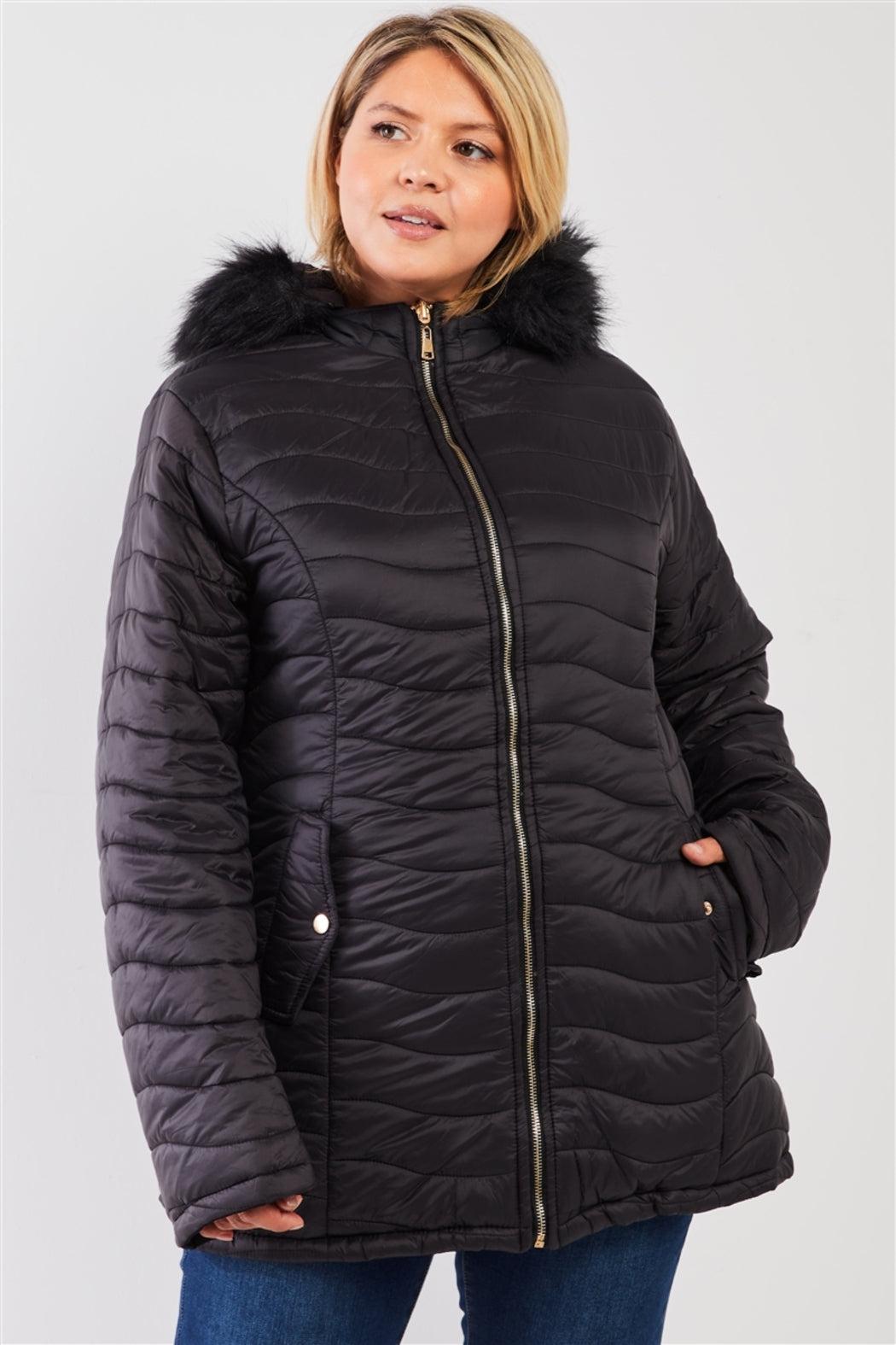 Plus Size Vegan Fur Double-Sided Parka & Puffer Jacket Product Image