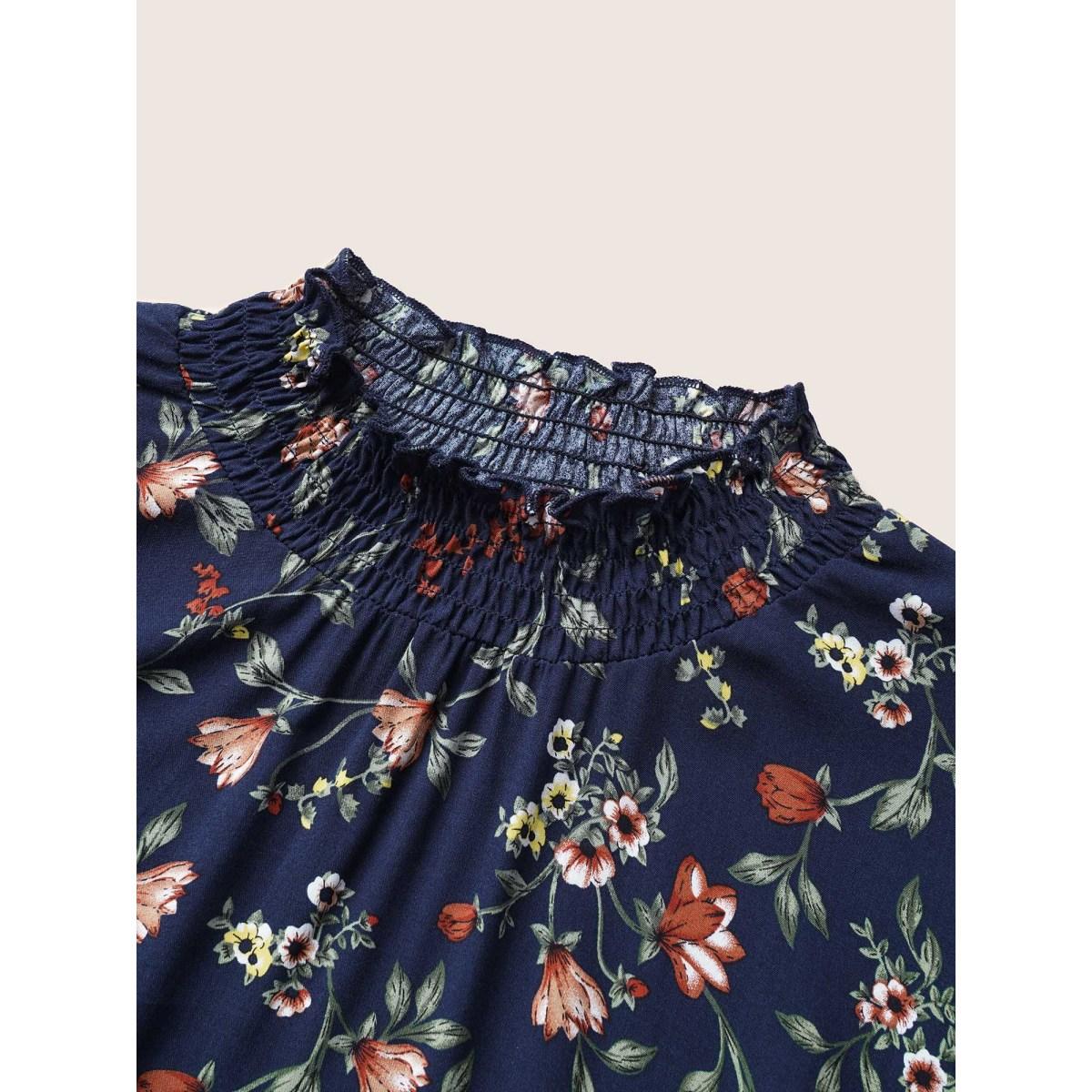 Plus Size DarkBlue Floral Lantern Sleeve Shirred Mock Neck Blouse Women Elegant Long Sleeve Mock Neck Everyday Blouses BloomChic 22-24/3X Product Image