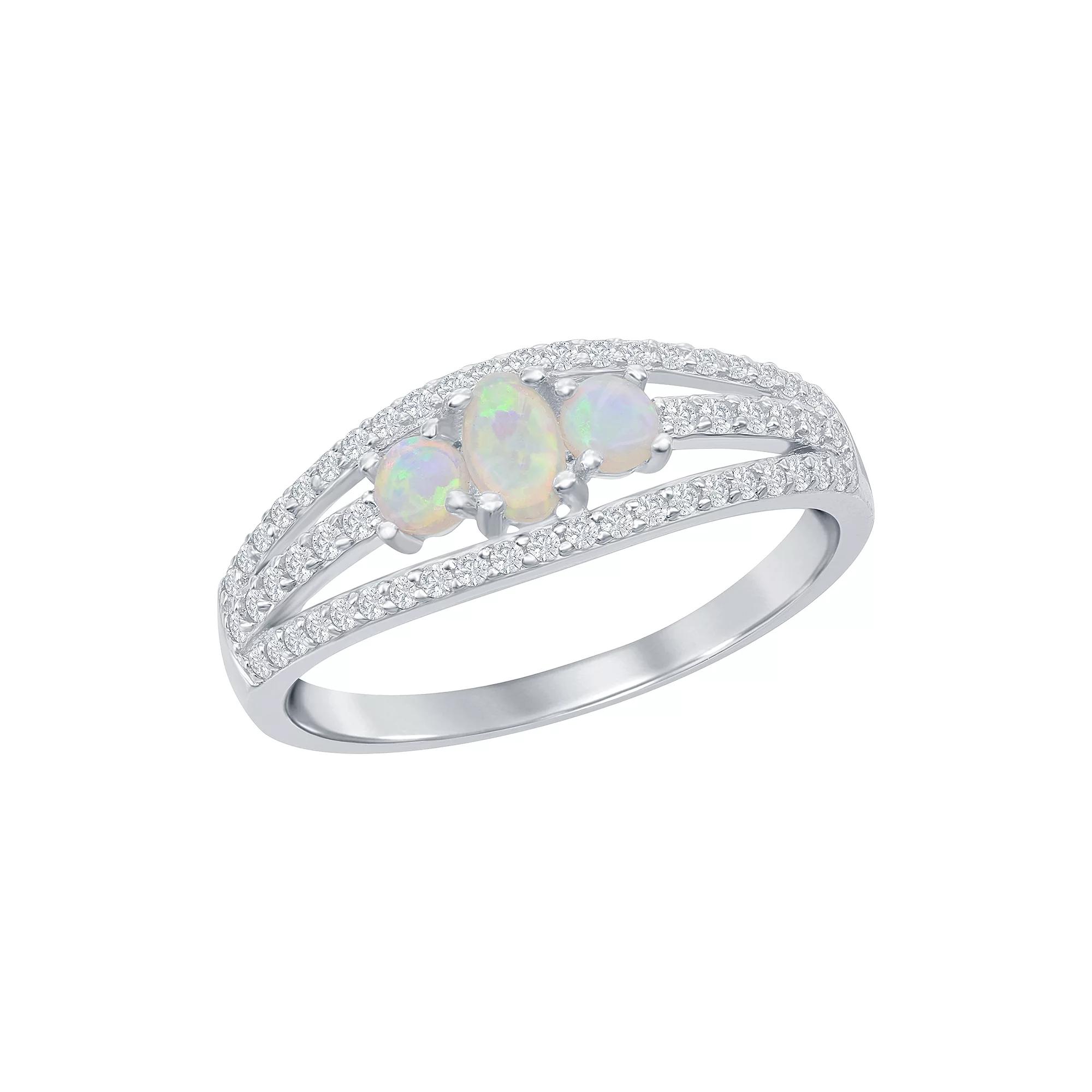 Sterling Silver Three-Stone White Opal Cubic Zirconia Band Ring, Women's, Size: 6 Product Image