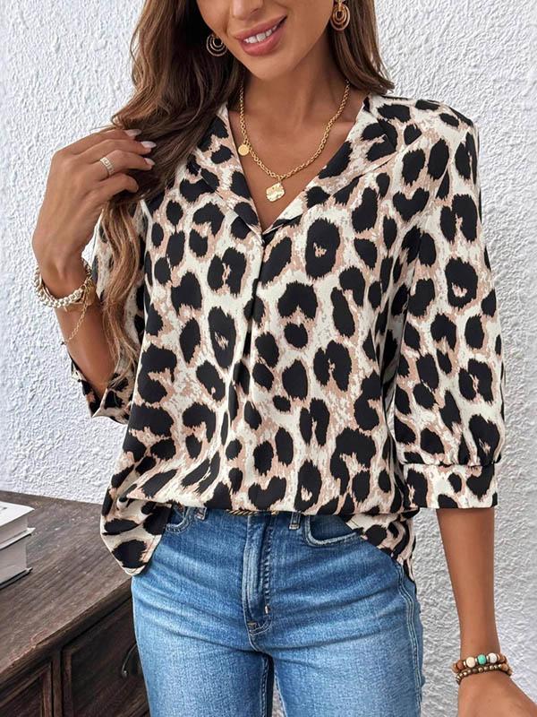 Loose Three-Quarter Sleeves Leopard Pleated Split-Joint Lapel Blouses&Shirts Tops Product Image