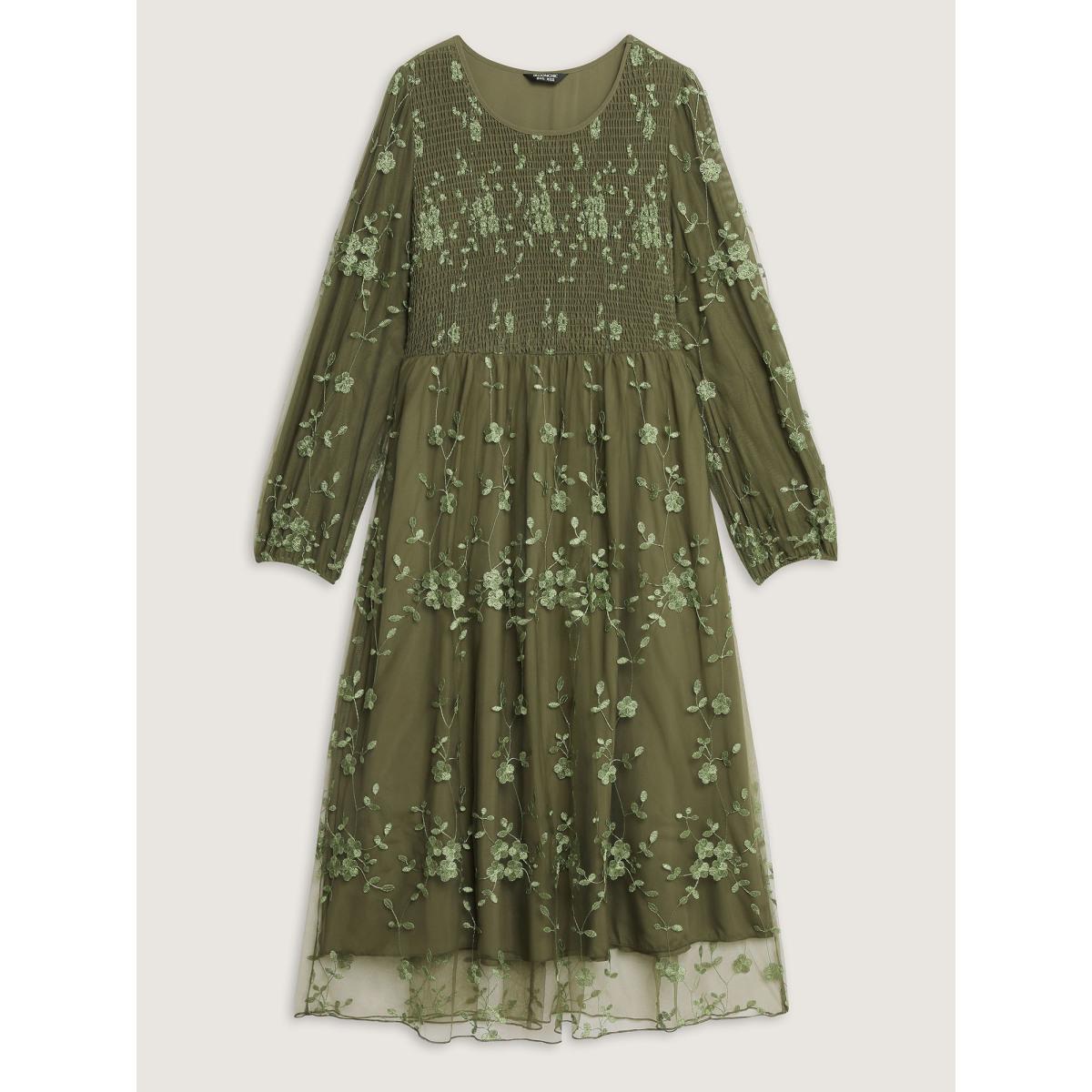 Plus Size Floral Embroidered Shirred Lined Midi Dress ArmyGreen Women Formal Embroidered Round Neck Extra Long Sleeve Curvy BloomChic 28/5X Product Image