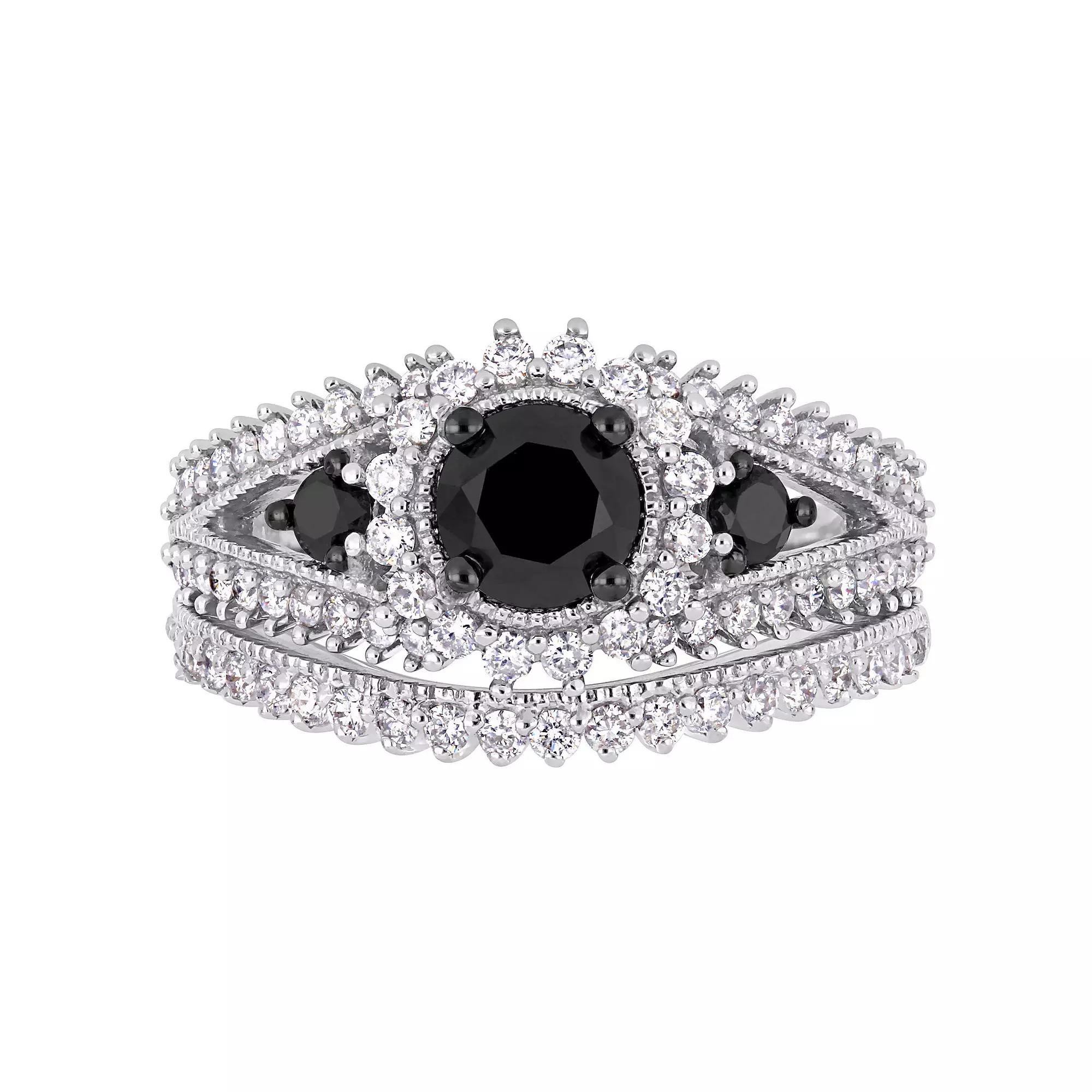 Stella Grace 10k White Gold 2 Carat T.W. Black & White Diamond Halo Engagement Ring Set, Women's,  Product Image