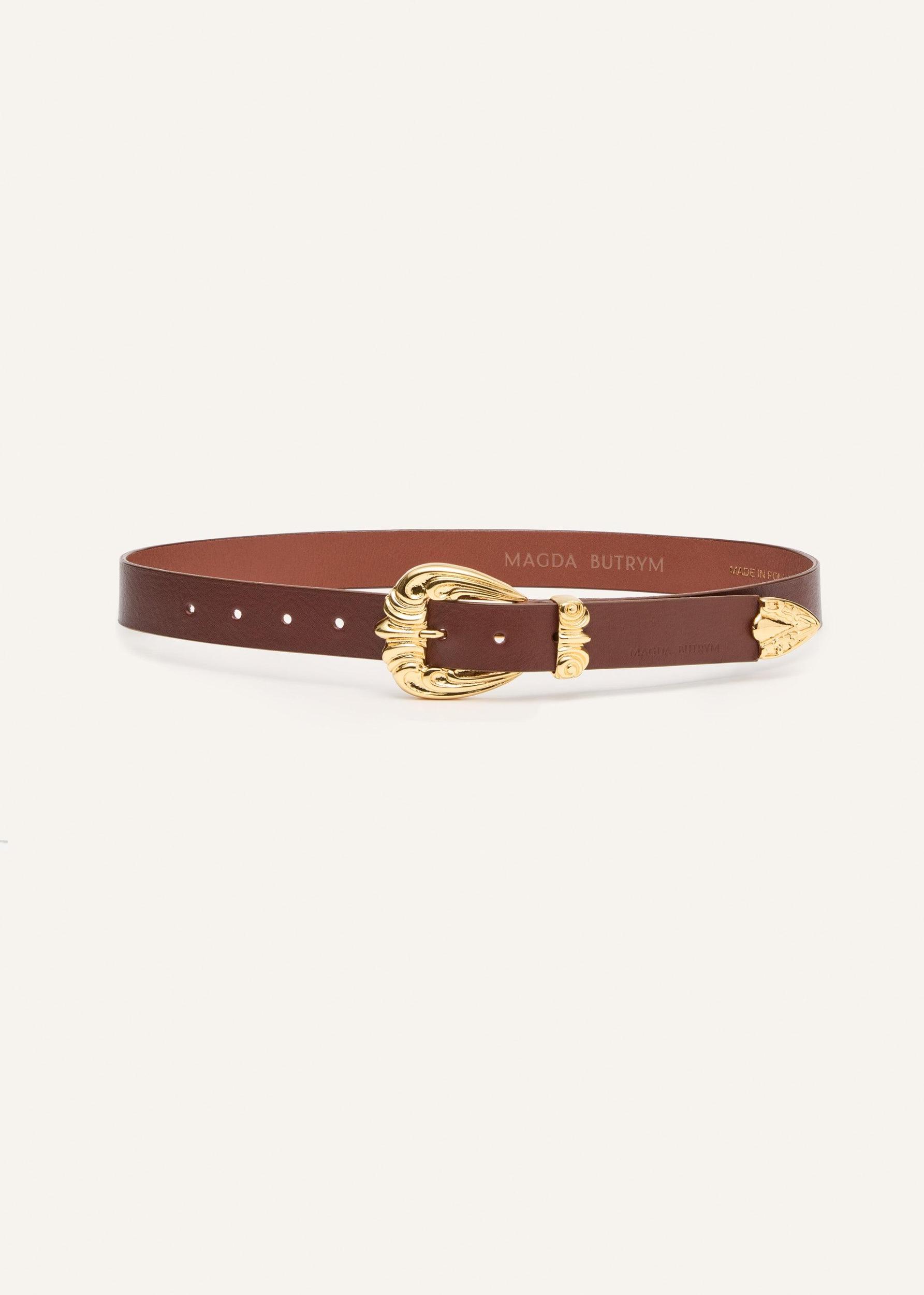 Western-style leather belt with engraved buckle in gold Product Image