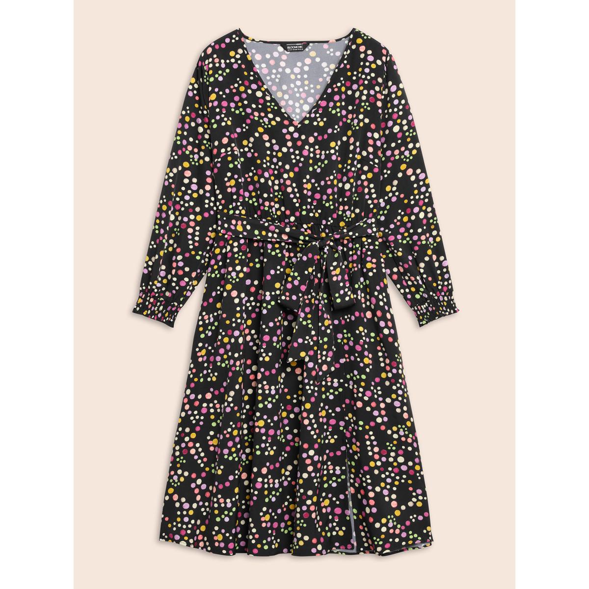 Plus Size Polka Dot Shirred Belted Split Hem Dress Black Women Elegant Belted V-neck Long Sleeve Curvy BloomChic 14-16/1X Product Image