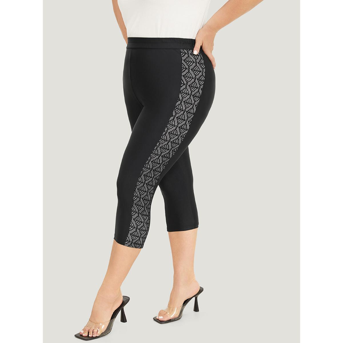 Plus Size Solid Crochet Lace High Rise Cropped Leggings Women Black Elegant High stretch Bodycon High Rise Dailywear Leggings BloomChic 14-16/1X Product Image