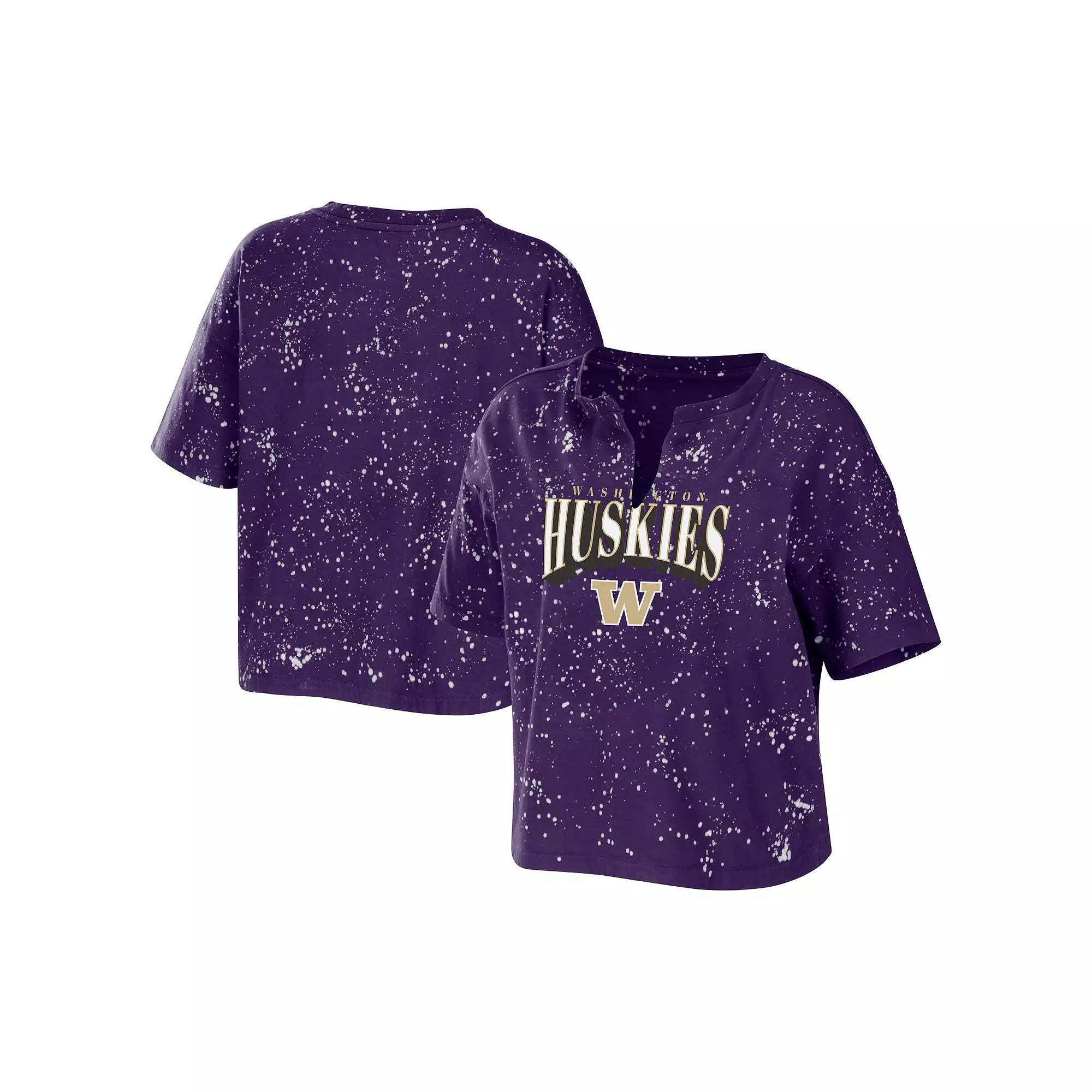 Women's WEAR by Erin Andrews Purple Washington Huskies Bleach Wash Splatter Notch Neck T-Shirt,  Product Image
