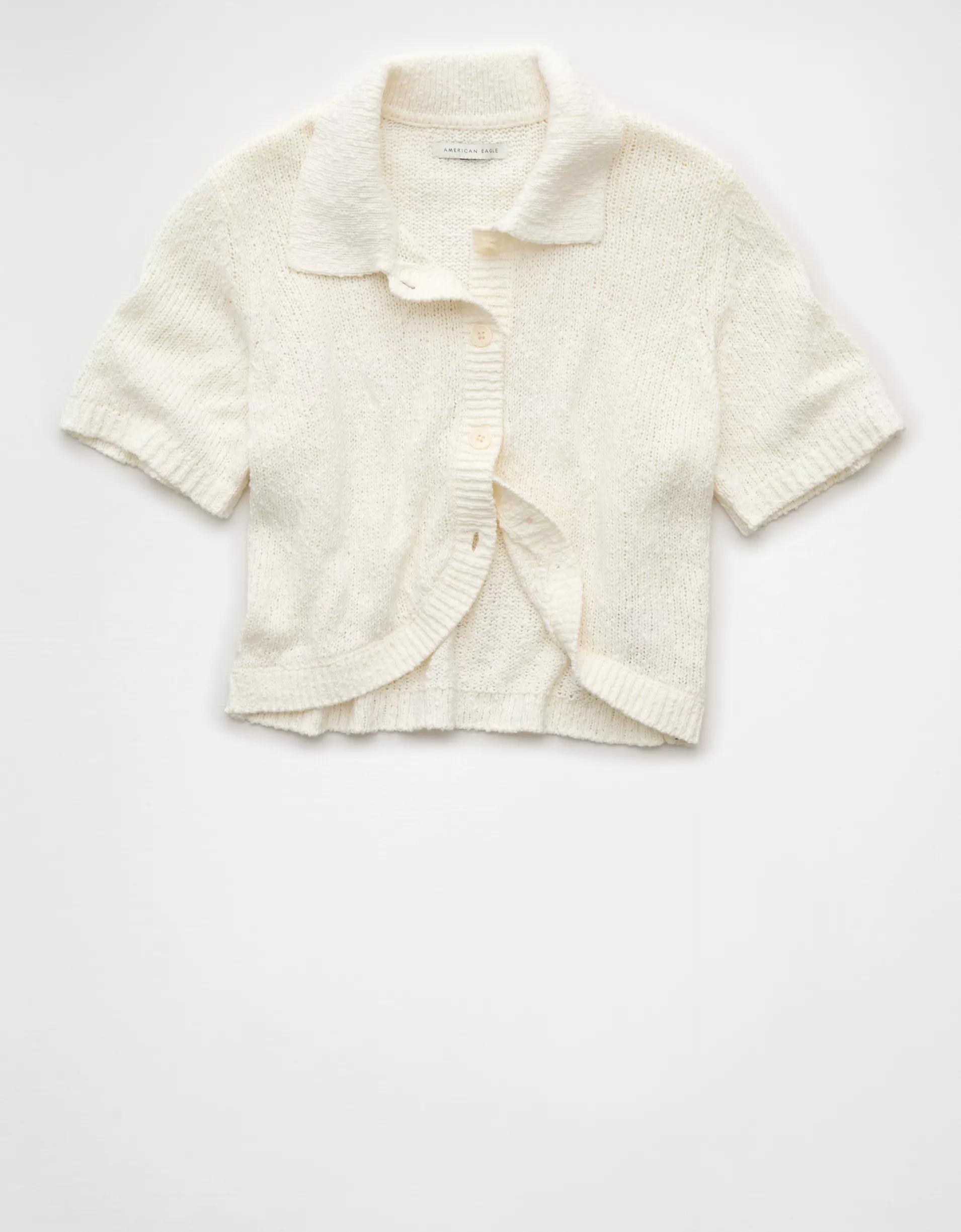 AE Short-Sleeve Collared Button-Up Cardigan Product Image