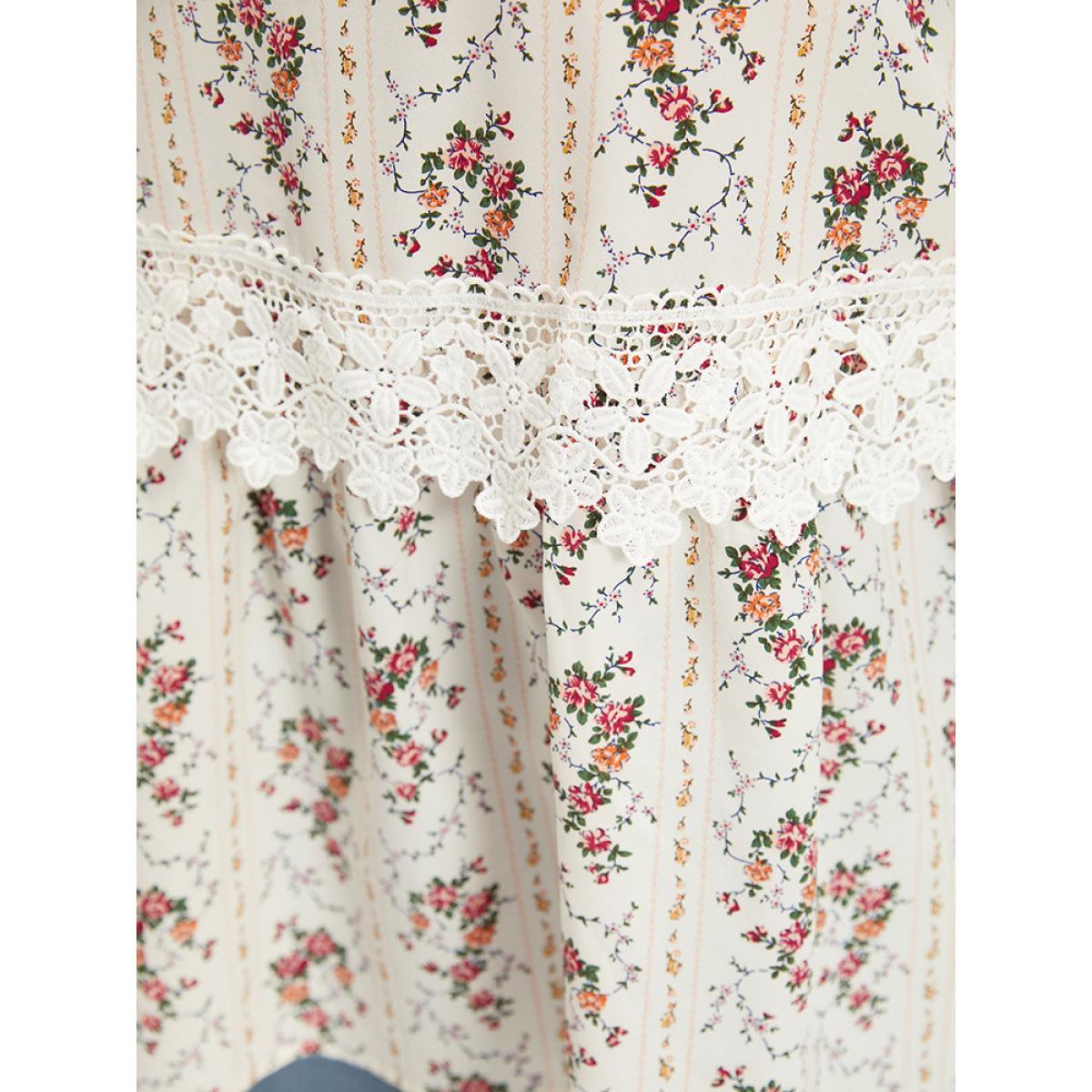 Plus Size White Ditsy Floral Lace Panel Elastic Waist Blouse Women Elegant Short sleeve Round Neck Dailywear Blouses BloomChic 14-16/1X Product Image