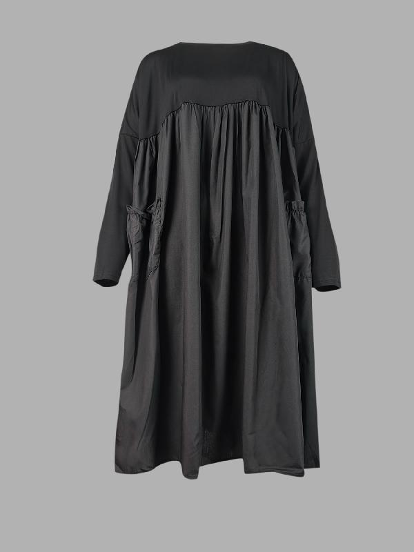 Simple Loose Black Split-Joint Long Sleeves Midi Dress Product Image