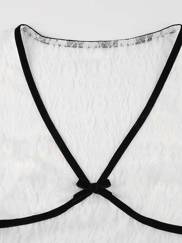 Lace Bow Splice V Neck Short Sleeve Tee Product Image