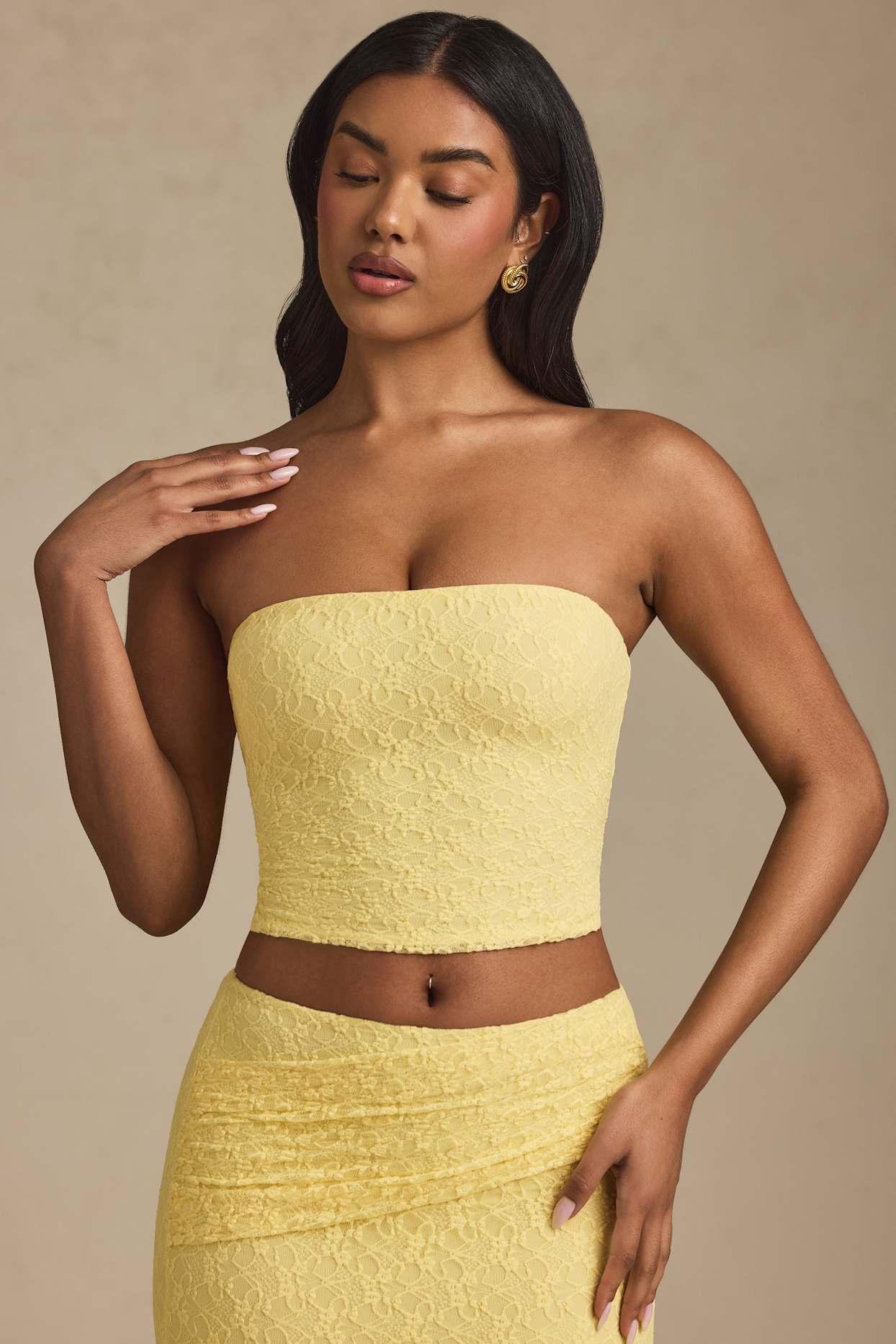 Ruched Strapless Lace Top in Pastel Yellow Product Image