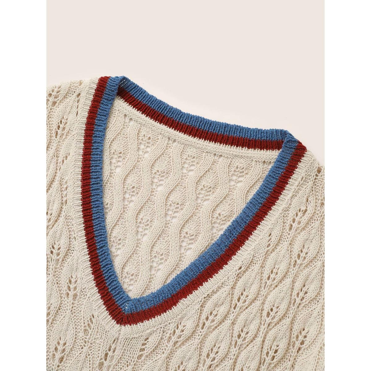 Plus Size Contrast Striped Texture Hollow Out Pullover Apricot Women Casual Long Sleeve V-neck Everyday Pullovers BloomChic 22-24/3X Product Image