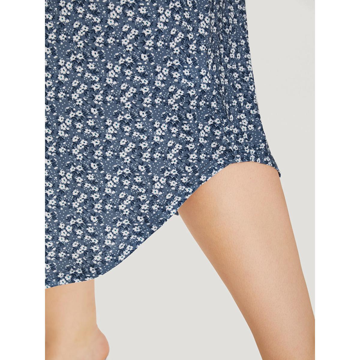 Plus Size Ditsy Floral Pocket Curved Hem Knotted Dress Stone Women Casual Arc Hem V-neck Short sleeve Curvy Midi Dress BloomChic 22-24/3X Product Image