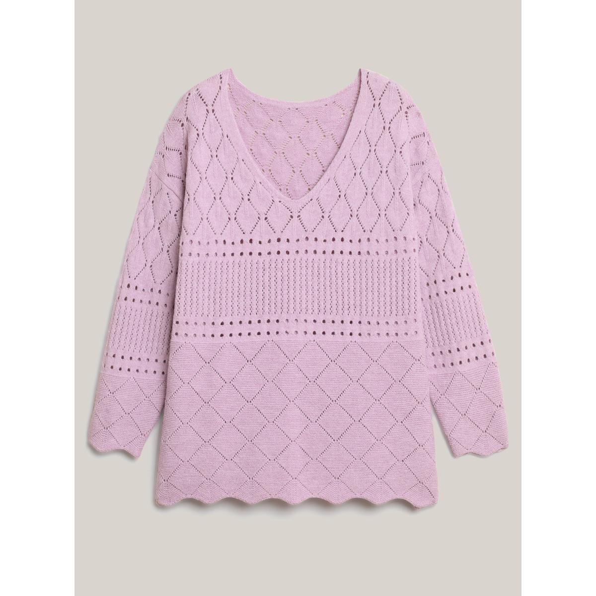 Plus Size Cut-Out Textured V-Neck Pullover Lilac Women Casual Loose Long Sleeve V-neck Everyday Pullovers BloomChic 14-16/1X Product Image