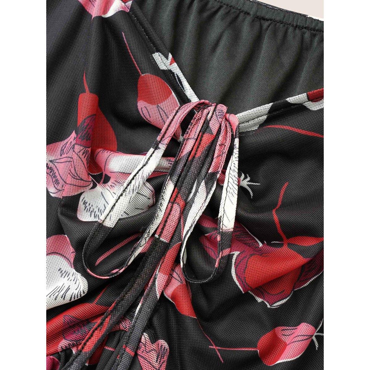Plus Size Floral Print Drawstring Mesh Ruched Dress Black Women Elegant Lined Square Neck Half Sleeve Curvy Midi Dress BloomChic 22-24/3X Product Image