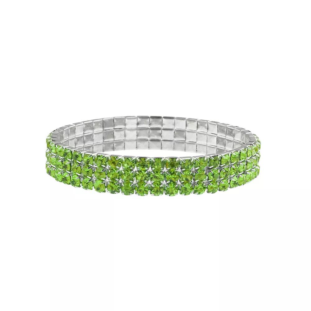 1928 Silver Tone Green Rhinestone Stretch Bracelet, Women's Product Image