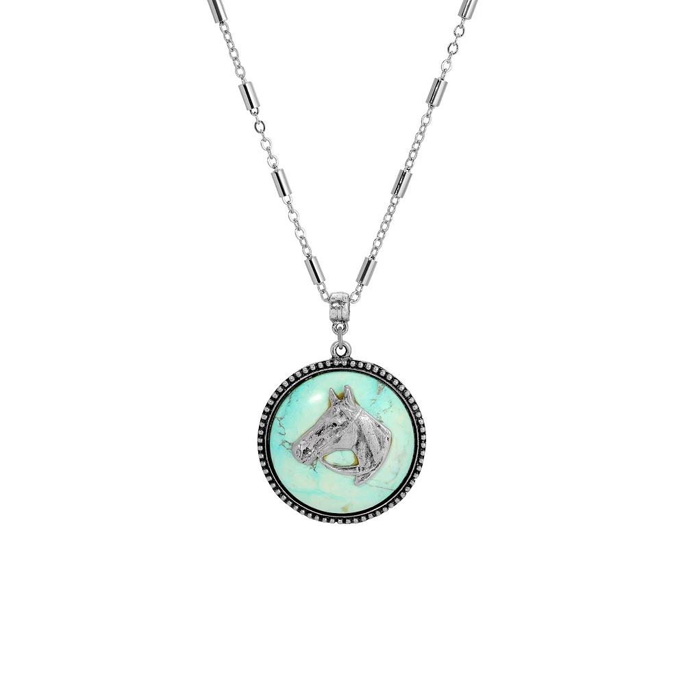 1928 Silver Tone Round Simulated Turquoise Horse Pendant Necklace, Womens Product Image