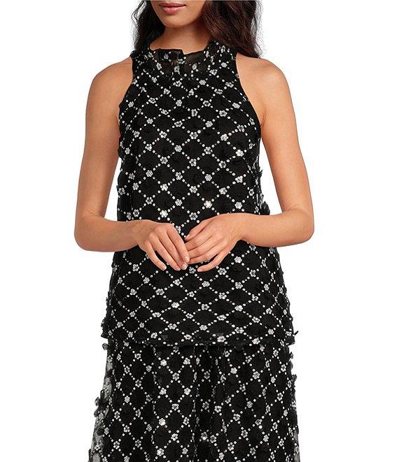 Abbey Glass Rory Sequin Lace Ruffle Neck Sleeveless Halter Top Product Image