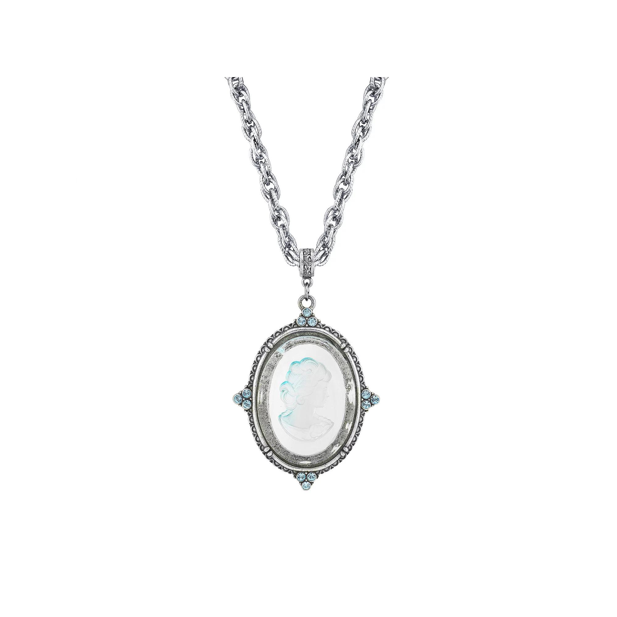 1928 Silver Tone Blue Intaglio Cameo Pendant Necklace, Women's Product Image