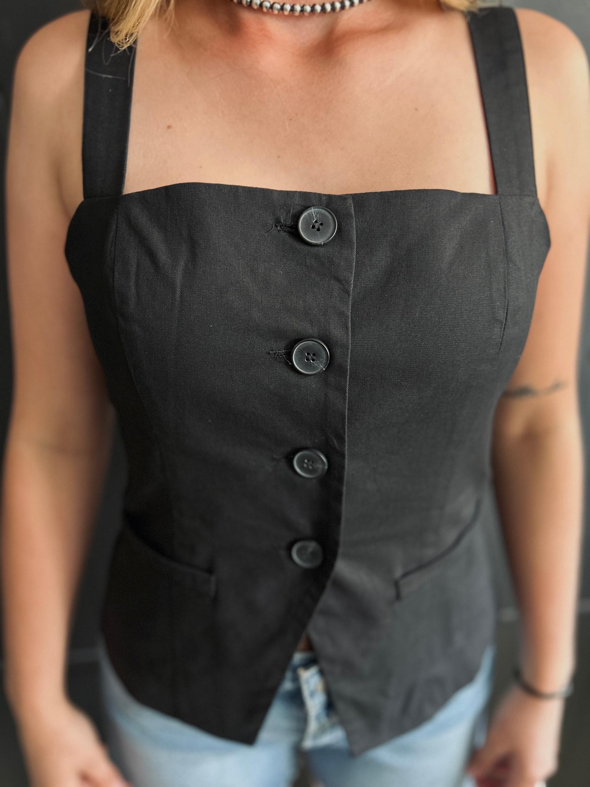 Black Square Neck Sleeveless Button Down Blouse Product Image