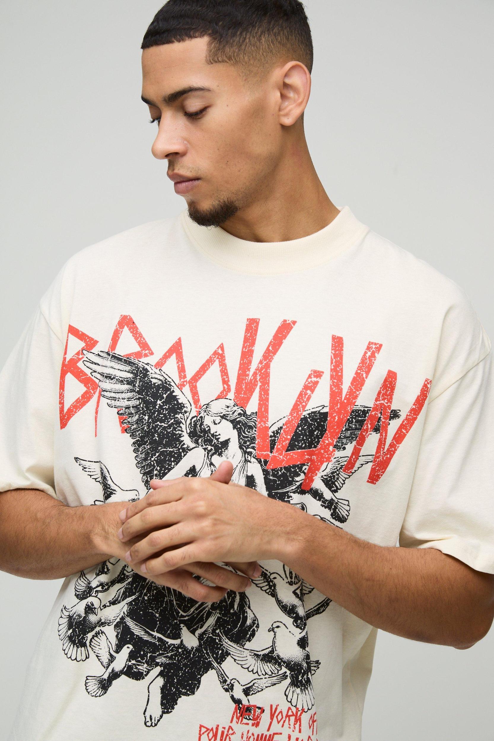 Oversized Extended Neck Gothic Brooklyn Print T-Shirt | boohooMAN USA Product Image
