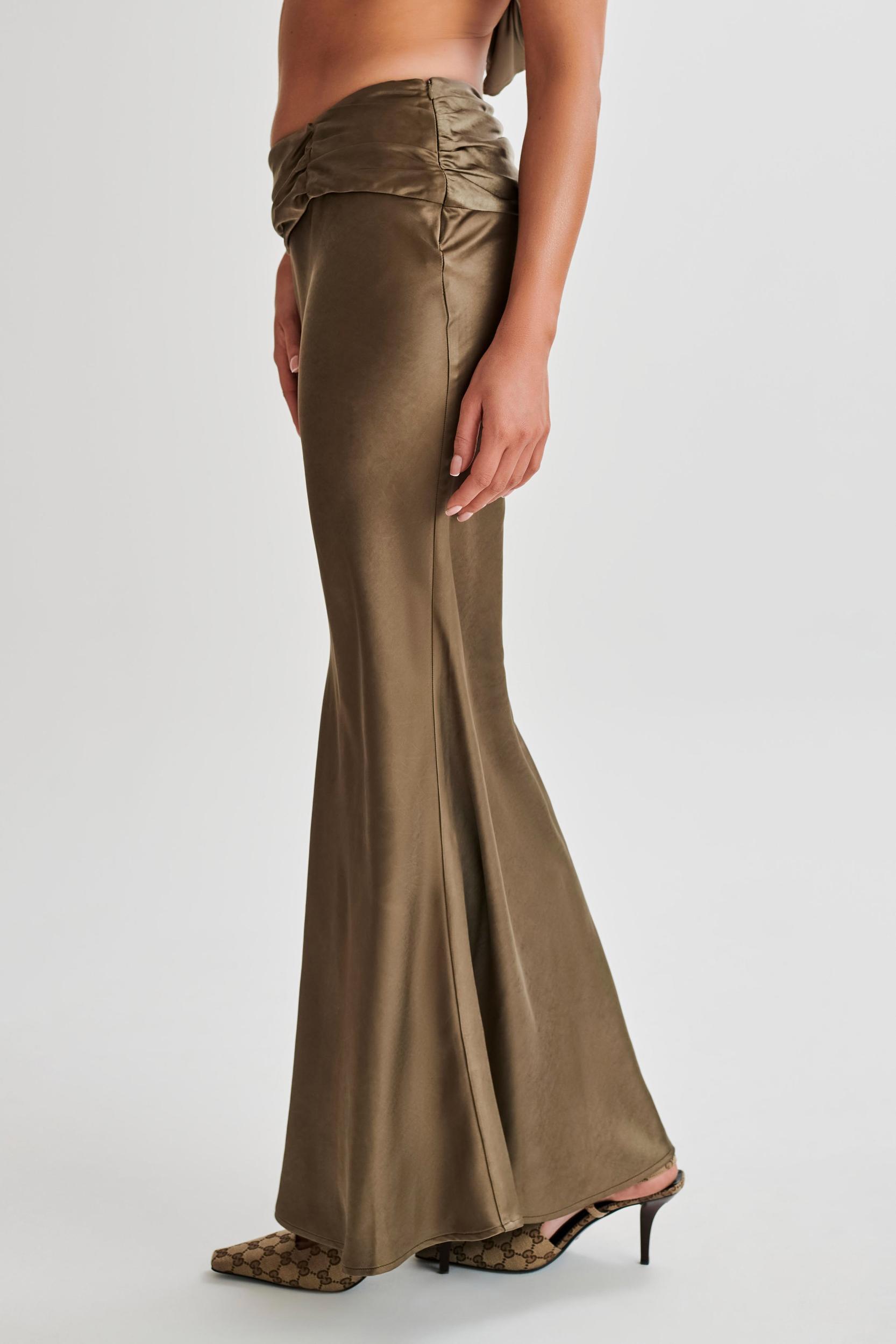 Khalani Ruched Satin Maxi Skirt - Khaki Product Image