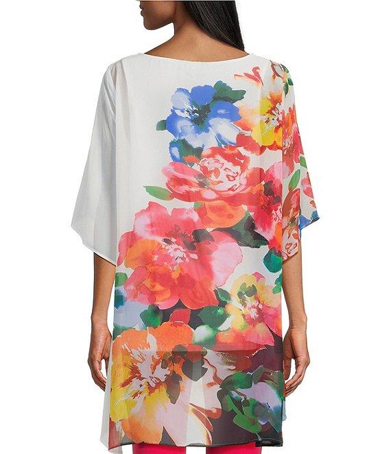Slim Factor by Investments Multi Fragrant Floral Print Boat Neck 3/4 Sleeve Lined Tunic Product Image