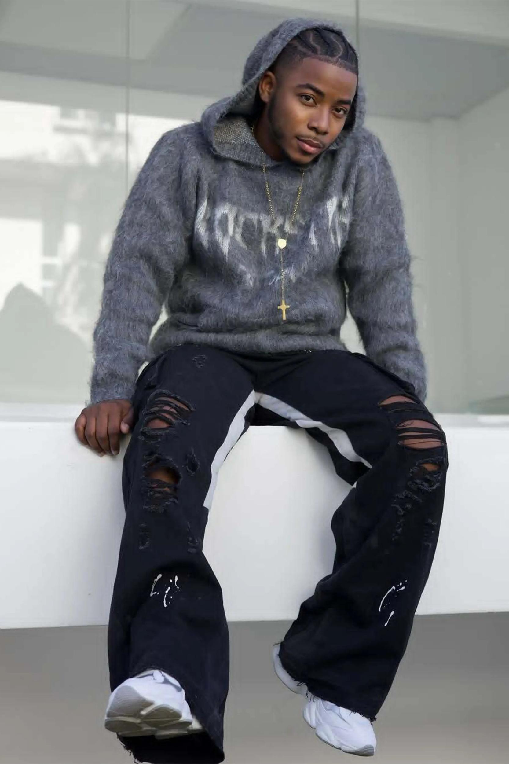 Andros Grey Graphic Knitted Mohair Hoodie Male Product Image