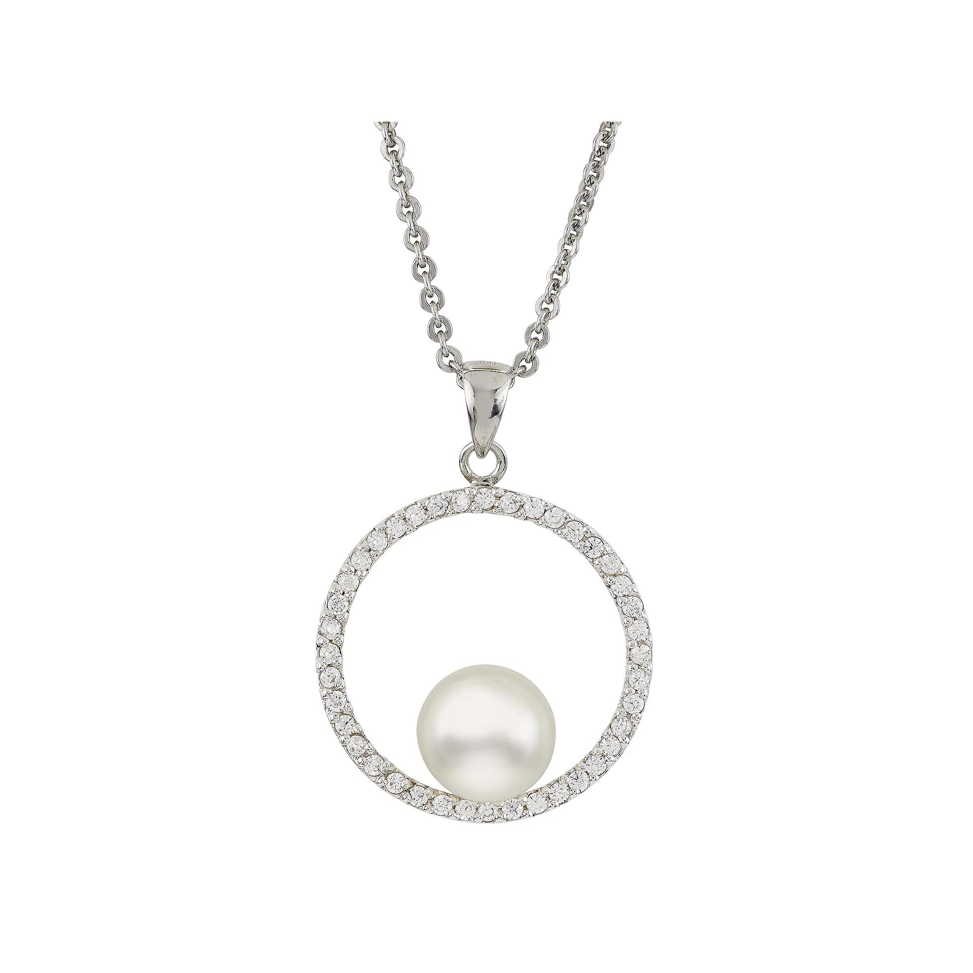 Sterling Silver Freshwater Cultured Pearl & Cubic Zirconia Circle Pendant, Womens Product Image