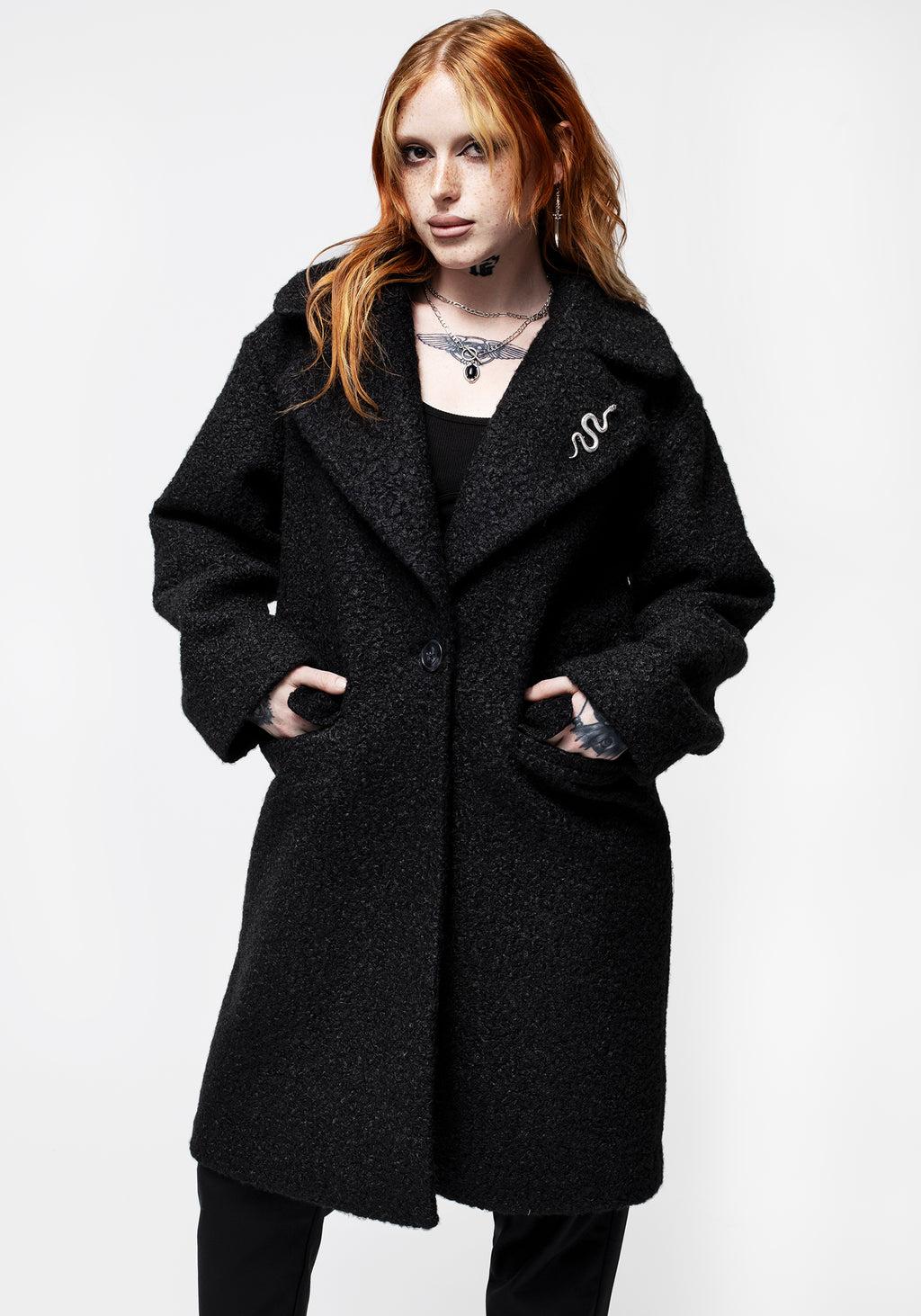 Gorgon Bouclé Oversized Coat with Snake Brooch - Black Product Image
