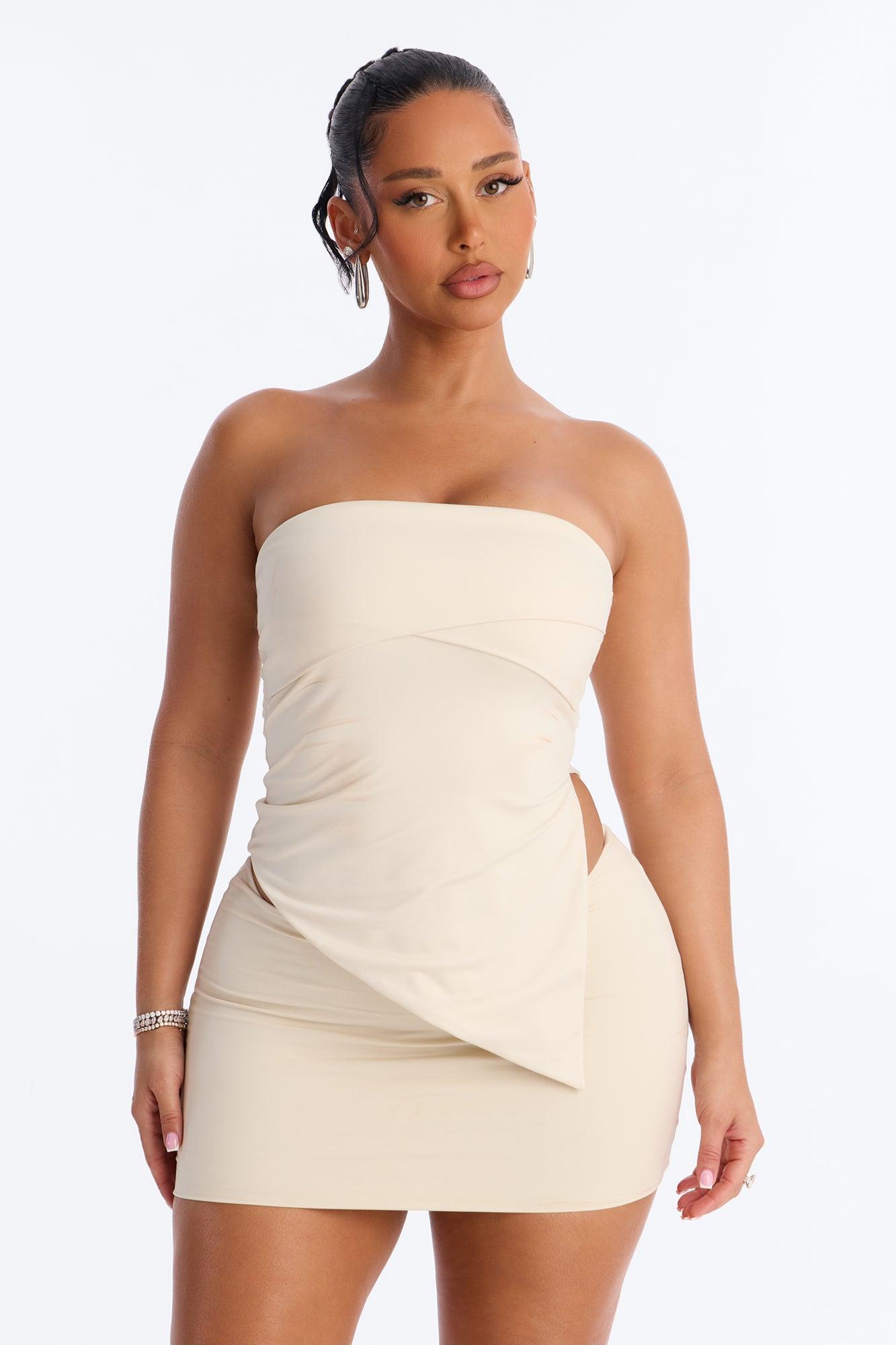 Contour Double Lined Asymmetrical Split Tube Top - Bone Female Product Image