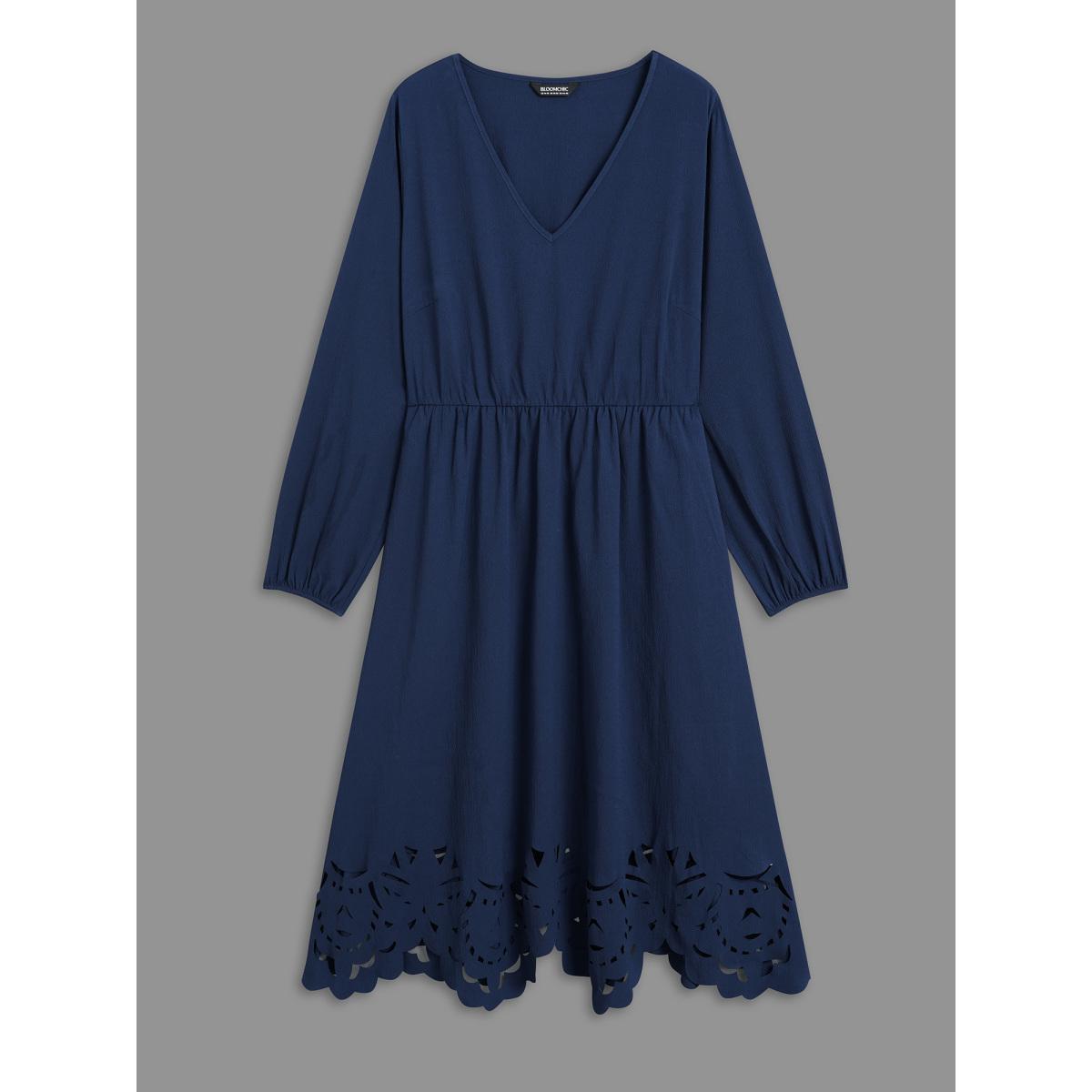 Plus Size Laser Cut Elastic Waist Pocketed Midi Dress Navy Women Elegant Texture V-neck Long Sleeve Curvy BloomChic 22-24/3X Product Image