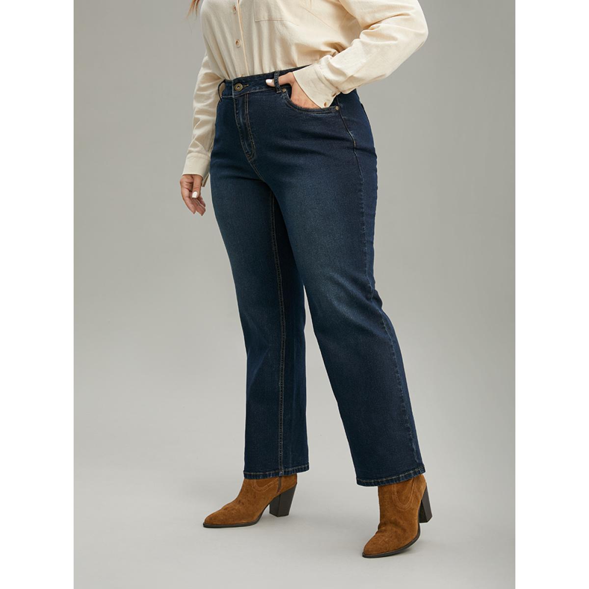Plus Size Zipper Fly Straight Leg High Rise Jeans Women Indigo Casual Plain Plain High stretch Pocket Jeans BloomChic 20/2X Product Image