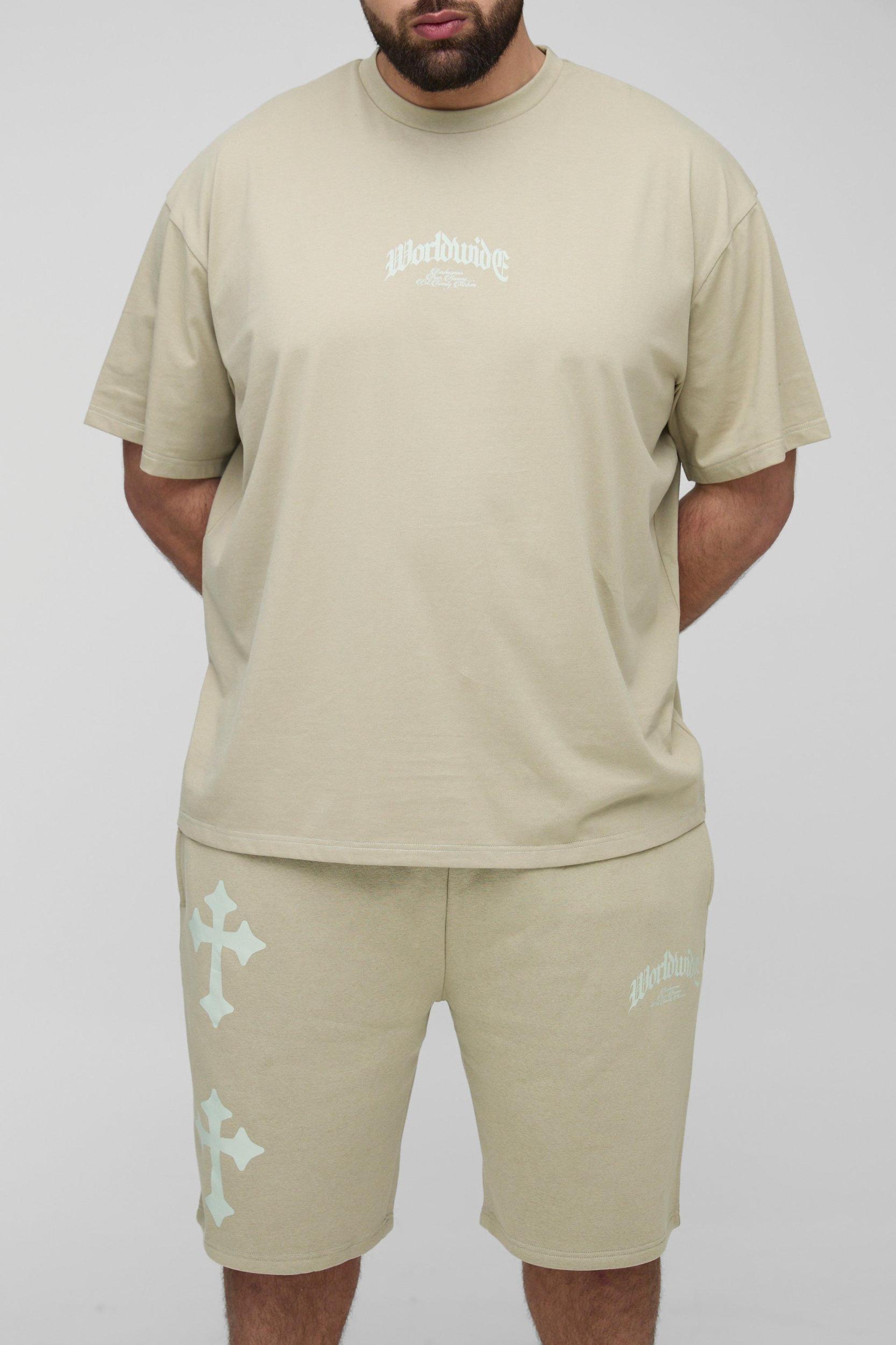 Plus Oversized Worldwide Cross Print T-Shirt & Short Set | boohooMAN USA Product Image