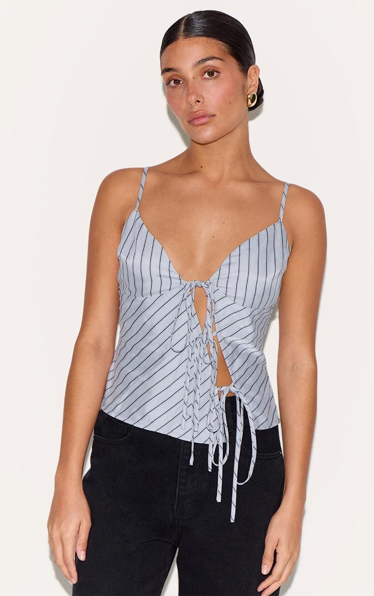 Petite Blue Pinstripe Tie Front Top Product Image