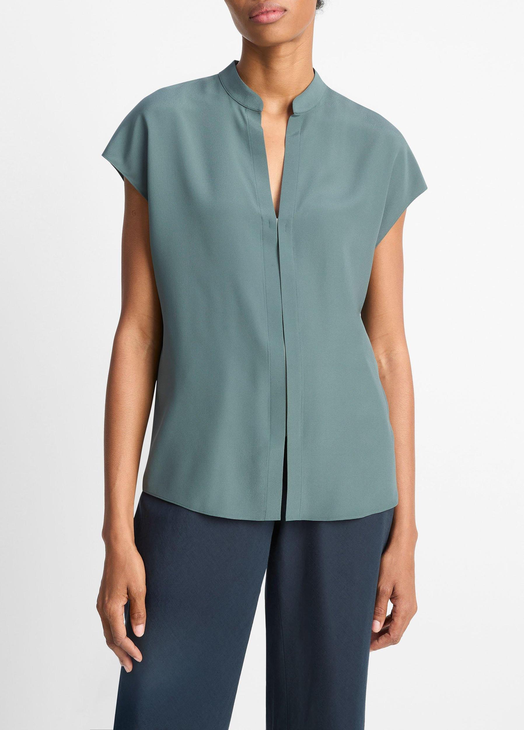 Contrast-Placket Stretch-Silk Cap-Sleeve Blouse Product Image