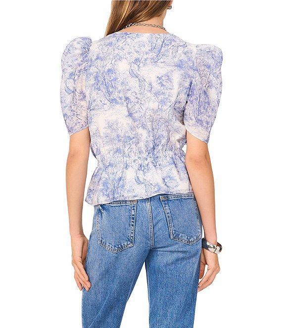 1. STATE Woven Toile Print V-Neck Short Sleeve Cinch Waist Peplum Blouse Product Image