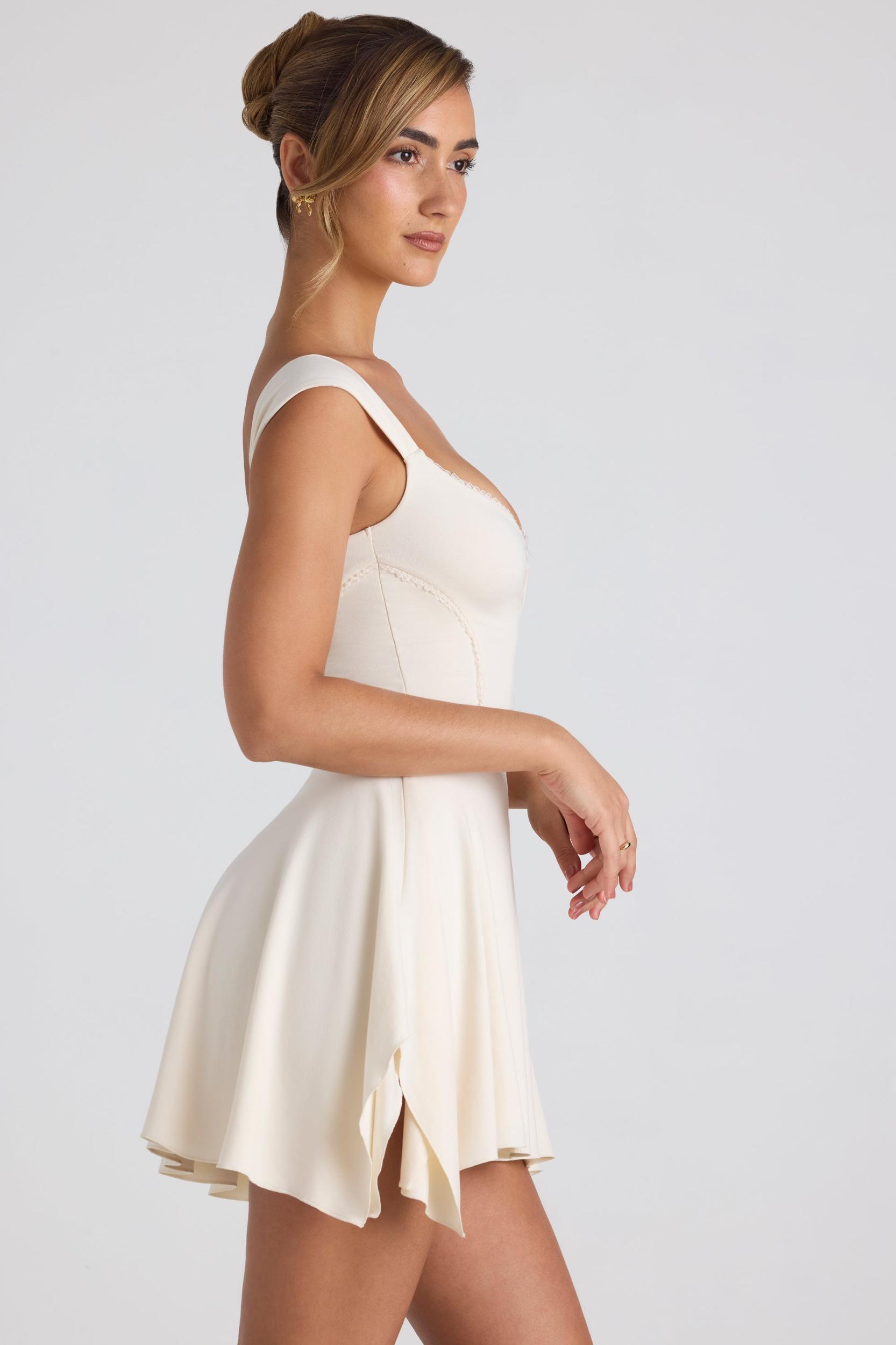 Modal Asymmetric Lace-Trim A-Line Mini Dress in Ivory Product Image