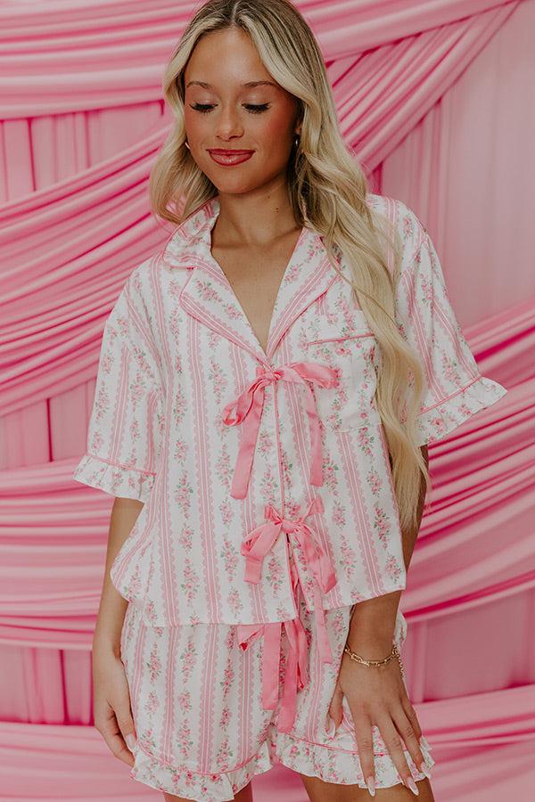 Cozy Tea Time Floral Satin Pajama Top in Pink Product Image