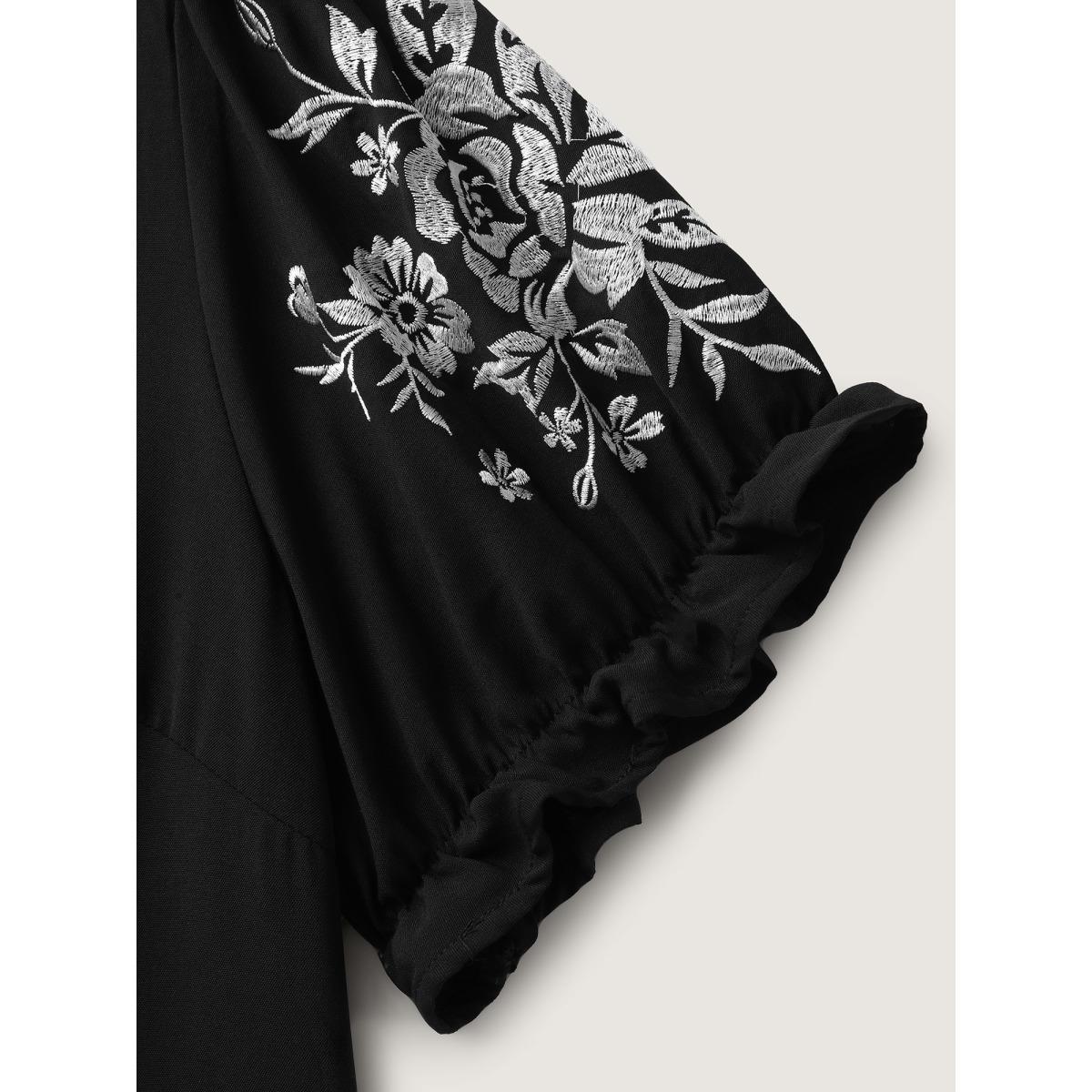 Plus Size Black Notched Collar Embroidered Ruffled Blouse Women Boho Half Sleeve Flat collar with V-notch Vacation Blouses BloomChic 26/4X Product Image