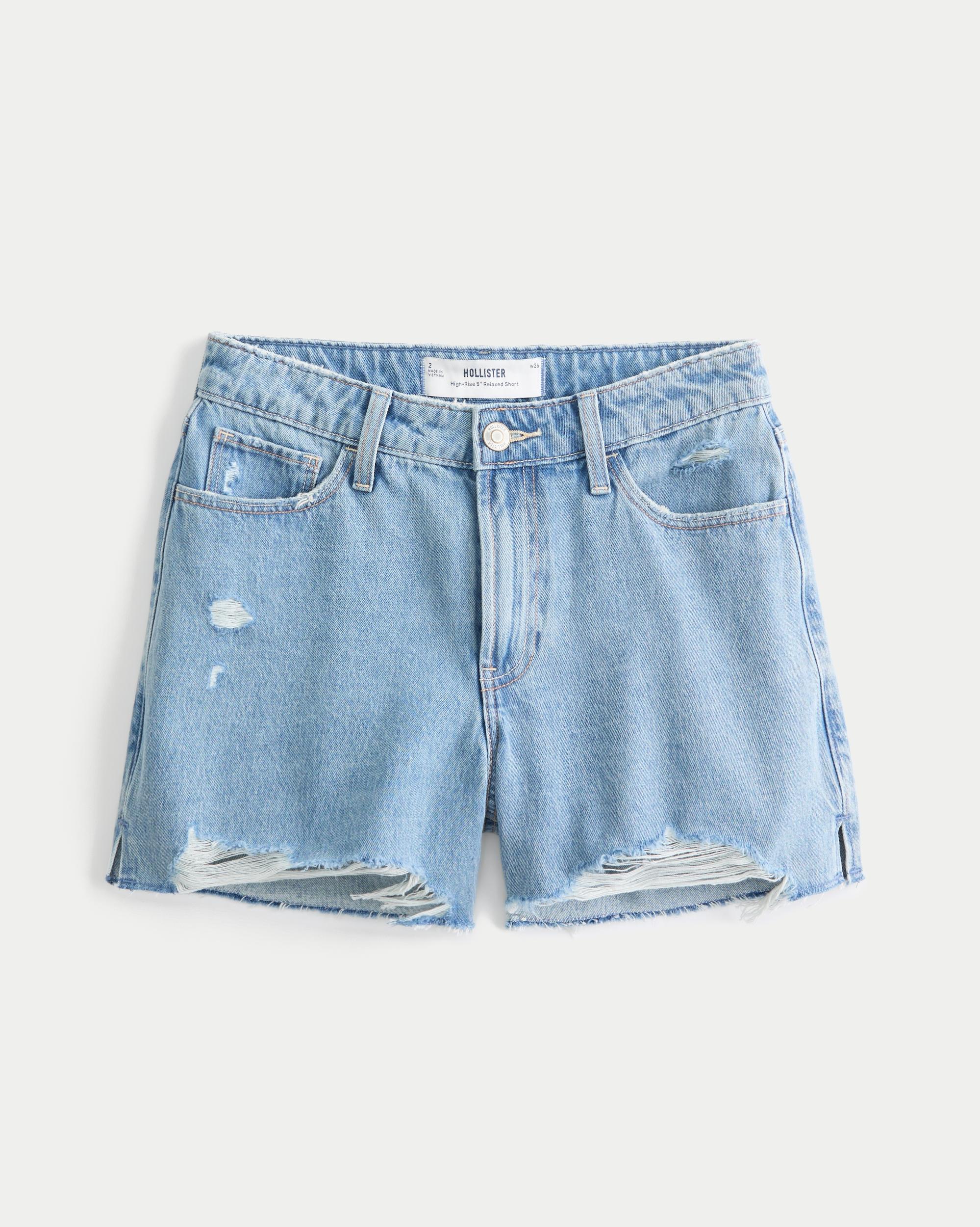 High-Rise Ripped Medium Wash Relaxed Denim Shorts 5" Product Image