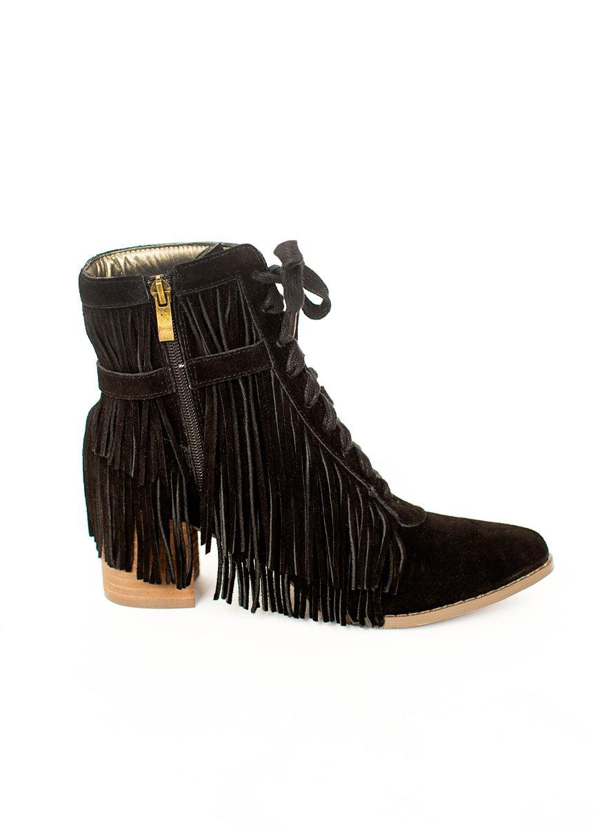 Nika Leather Fringe Boot in Black Female Product Image