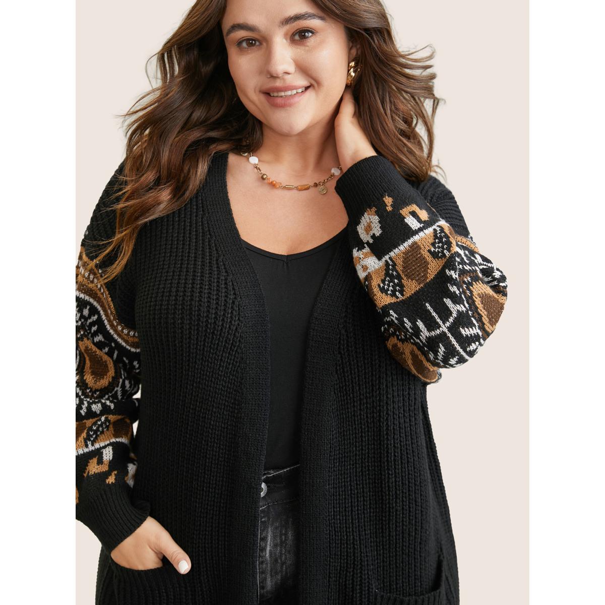 Plus Size Geometric Jacquard Patchwork Split Hem Cardigan Black Women Casual Loose Long Sleeve Everyday Cardigans BloomChic 14-16/1X Product Image