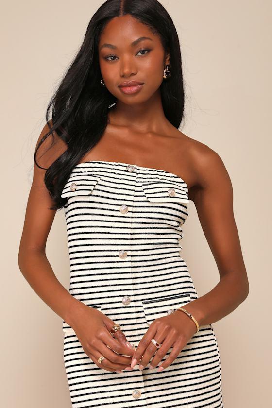 Momentous Poise Black and Ivory Striped Strapless Midi Dress Product Image