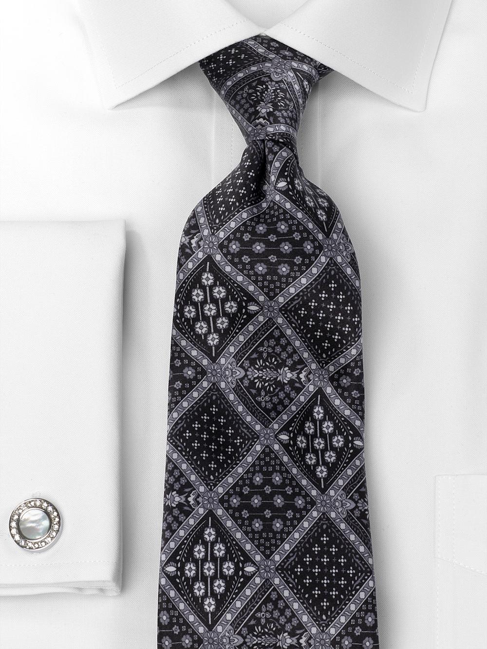 Medallion Printed Italian Silk Tie - Black/grey Product Image